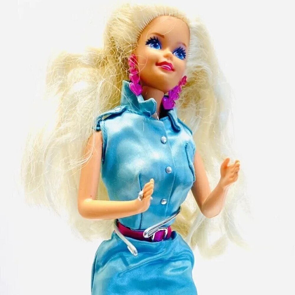 MATTEL BARBIE Doll Long Blond Hair Blue Eyes Earrings Turquoise Dress 12" Tall